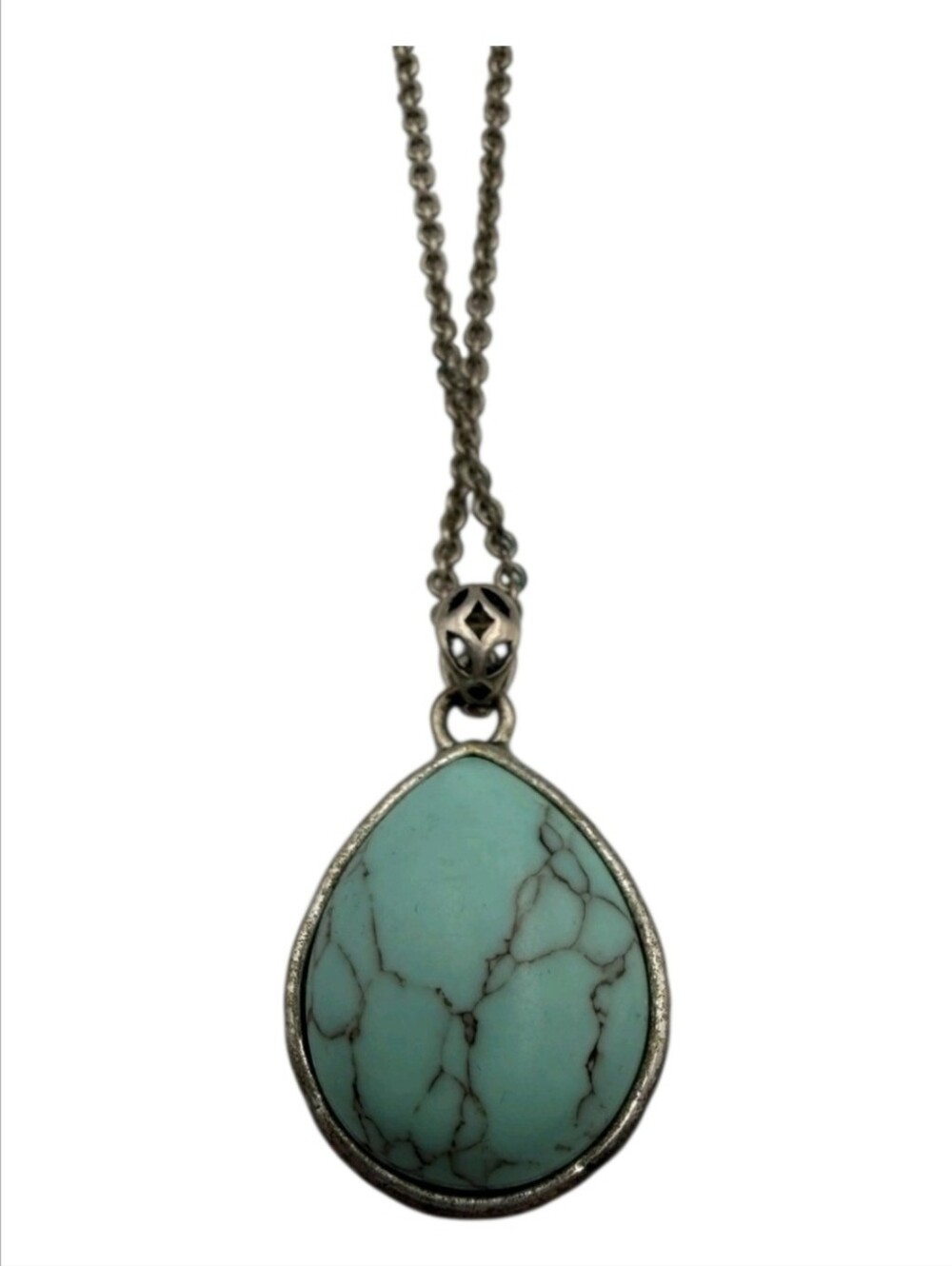 Fossil Silver Tone Teardrop Turquoise Pendant Necklace Bee Key Charm 18L.+2" NEW - Picture 5 of 8